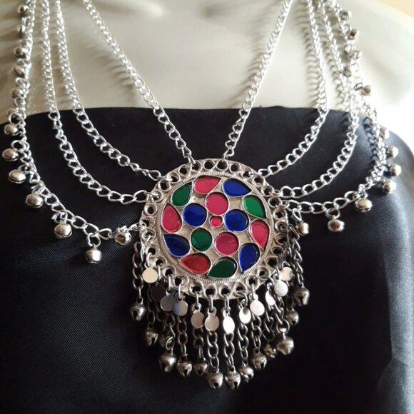 Ethnic Multilayers Bib Necklace, Tribal Silver Bib Necklace, Kuchi Boho Jewelry - Picture 2 of 5